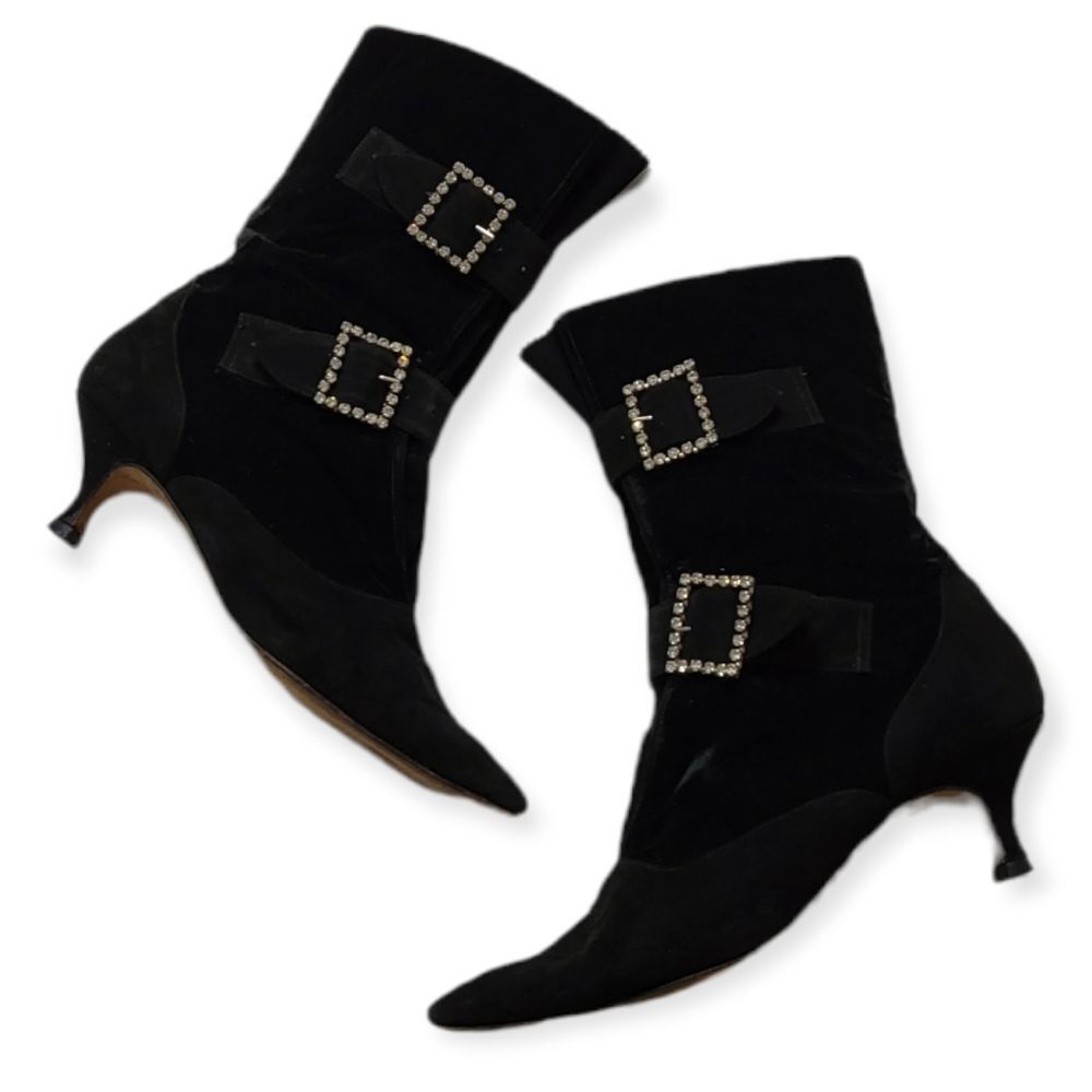 MANOLO BLAHNIK Early 80s Vintage Suede/Velvet‎ Rhinestone Buckle Boots 39.5